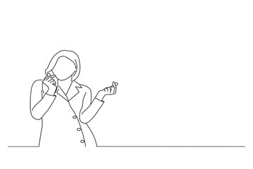 Drawing of young asian woman showing mini heart sign speading love and happiness. Oneline art drawing style