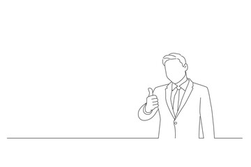 Illustration of young smiling businessman showing thumbs up sign. Line art style