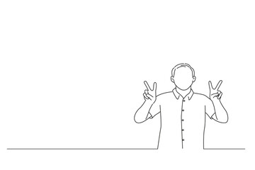 Cartoon of happy professional gesturing peace showing victory signs with both hands. Line art style