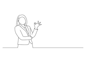 Illustration of young business woman showing OK sign. Outline drawing style art