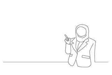 Cartoon of beautiful young asian muslim businesswoman pointing finger to empty space. Oneline art drawing style