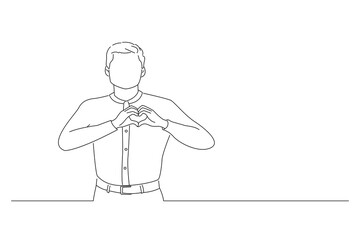 Drawing of young asian businessman showing heart sign express love, affection or admiration. Line art style