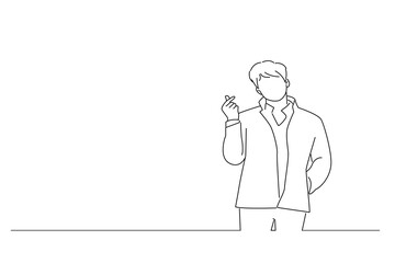 Cartoon of handsome young businessman showing mini heart or heart shaped hands gesture. Line art style