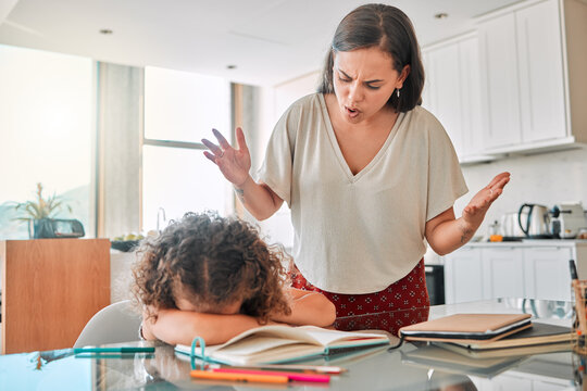 Autism, frustrated and bad mental health behavior by child and frustrated mother during homework. Annoyed, abuse parent angry with crying child suffering from ADHD and hiding, afraid and depressed