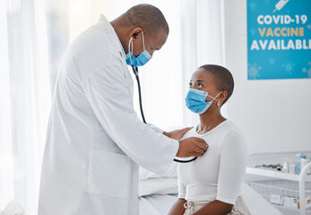 Doctor listening to heartbeat of covid patient, breathing and lungs with stethoscope for healthcare...