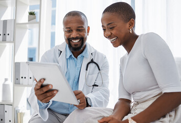 Doctor, healthcare and medicine with a patient talking test results and progress on a tablet in a hospital clinic. Trust, help and medical consulting with a professional medicare worker in his office