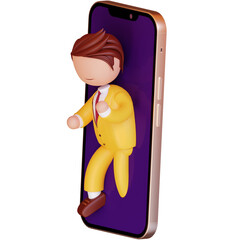 3d character walking out from smartphone for virtual meet