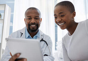 Doctor, good news and medical patient at hospital healthy black woman got her test results after...