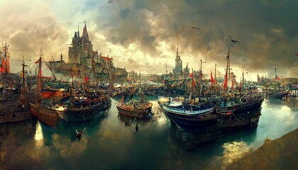 Medieval_fantasy_european_harbour_220819_75 - obrazy, fototapety, plakaty