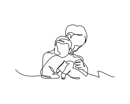 One continuous line of a parent holding her son. Minimalist style vector illustration in white background.