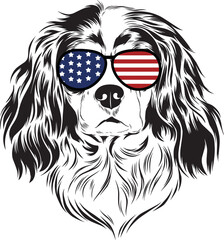 Fototapeta premium Cavalier King Charles Spaniel Dog vector eps , Dog in Bandana, sunglasses, Fourth , 4th July vector eps, Patriotic, USA Dog, Cricut Silhouette Cut File