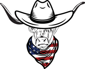 Highlands Cow  vector eps , Cow in Bandana, sunglasses, Fourth , 4th July vector eps, Patriotic, USA Cow, Cricut Silhouette Cut File