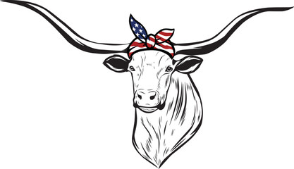 Texas Longhorn Cow vector eps , Cow in Bandana, sunglasses, Fourth , 4th July vector eps, Patriotic, USA Cow Cricut Silhouette Cut File