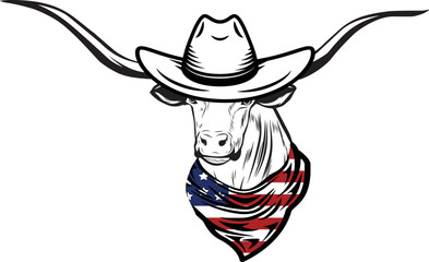Texas Longhorn Cow vector eps , Cow in Bandana, sunglasses, Fourth , 4th July vector eps, Patriotic, USA Cow Cricut Silhouette Cut File