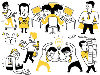 Cute character illustration of businessman in various poses and activities. Business concept in very busy, serious thinking, low battery, wind-up key in the back, hard working, super hero.