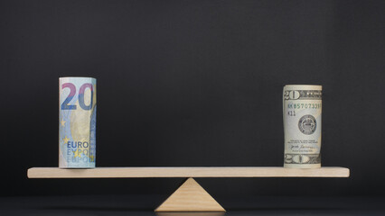 20 Euro and 20 USD equally balanced on a scale showing parity