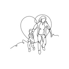 A mother runs with his daughter drawn with continuous one line. Minimalist style vector illustration in white background.