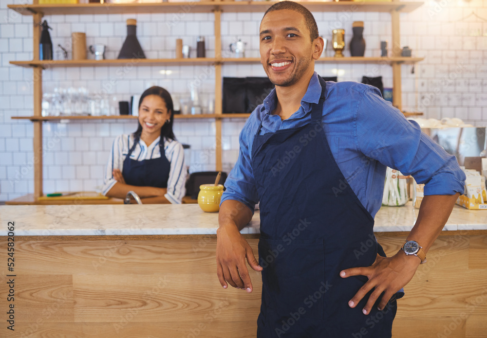 Canvas Prints Small business owner or startup entrepreneur standing at a bar counter in a coffee shop or cafe as a team leader. Motivation, vision and teamwork with young people working in retail restaurant