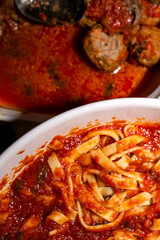 homemade fettuccine pasta and meatballs 