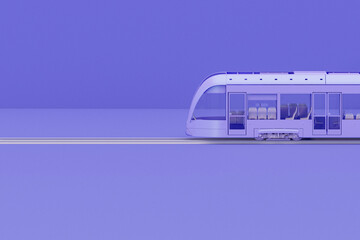 3d bullet train, purple sky train transport on pastel purple background. High speed rail transport advertising concept. 3d render. Global fast higher railway train
