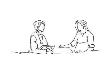 One continuous line of a pregnant women consult doctor. Minimalist style vector illustration in white background.