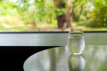 A glass of water with beautiful Japanese garden