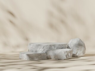 Premium podium display with leaf shadow, Cosmetics or beauty product promotion mockup. Natural stone step pedestal. Trendy minimalist banner, 3D render illustration.