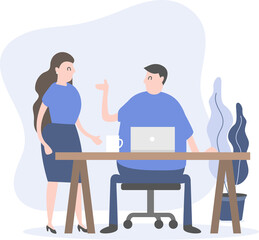 Man and woman company staff talk at the desk. Office worker cartoon character.