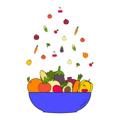 Plate with vegetables and fruits. Eggplant, pepper, broccoli, carrot, cherry, orange, pomegranate, corn, avocado, radish, tomato, apple  on white background
