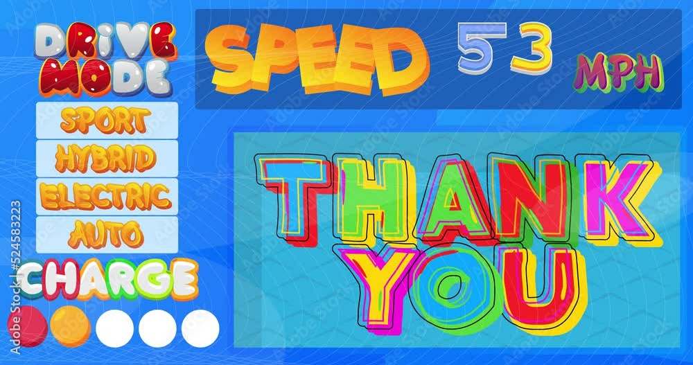 Aufkleber cartoon car dashboard with thank you text. digital graphical user interface animation.