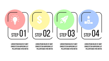 4 steps business process diagram. Four options vector infographics template. Strategy or marketing plan flow chart. Presentation layout with colorful round icons.