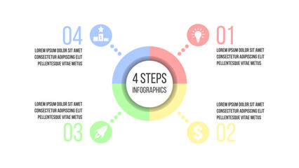 4 steps business process diagram. Four options vector infographics template. Strategy or marketing plan flow chart. Presentation layout with pastel colored success icons.