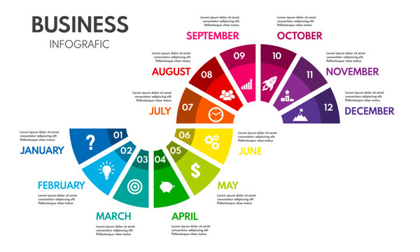 12 months or steps cycle diagram. Whole year strategy plan or project timeline. Colorful vector infographic template with business icons.