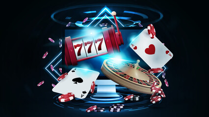 Online casino, banner with monitor, casino slot machine, Casino Roulette, playing cards and poker chips in dark scene with neon rhombus frames and hologram of digital rings