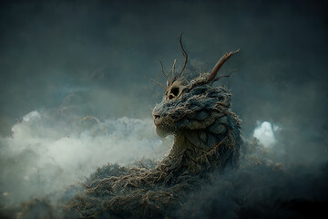 Fototapeta na wymiar 3D rendering of a cursed dragon turned into a tree.