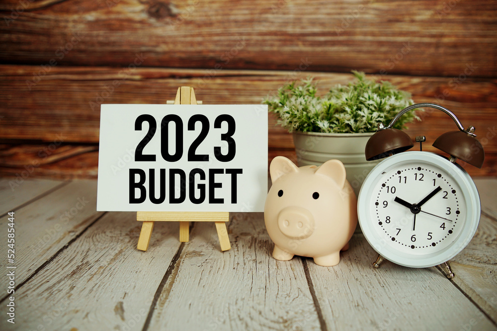 Poster 2023 budget text message with alarm clock and piggy saving on wooden background