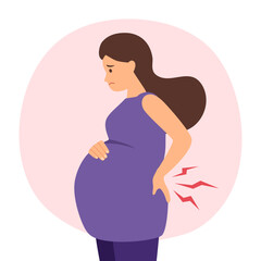 Pregnant woman having backache symptom in flat design. Tired pregnant with low back pain.