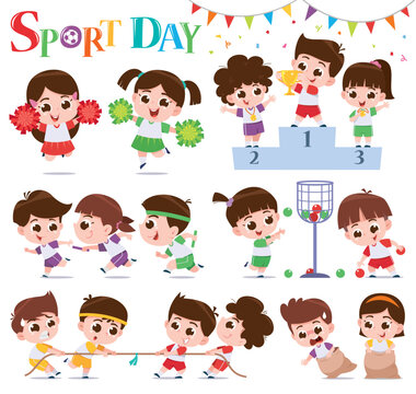 Vector illustration of Cartoon kids character. Kids collection. Sports Day.