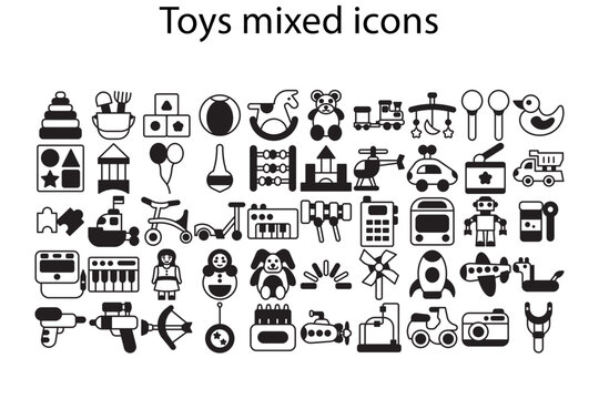 Set of toys mixed icons. Toys mixed icons.