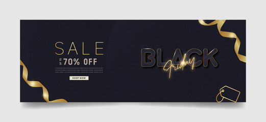 Black Friday Facebook cover, ad banner template, creative sale banners concept modern layout black background, gold text and ribbon