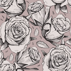 Beige seamless vector pattern of hand drawn roses.