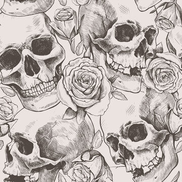 Seamless pattern of hand drawn human skulls and rose flowers. Vector graphic beige illustration.