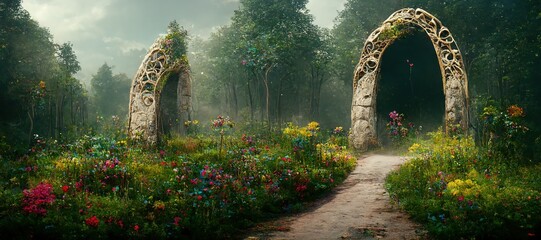 Obraz premium Spectacular archway covered with vine in the middle of fantasy fairy tale forest landscape, misty on spring time. Digital art 3D illustration.