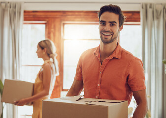 Happy couple moving into new home, people carrying boxes to property and relocating to apartment...