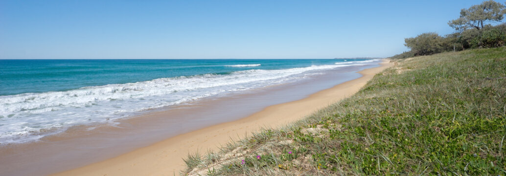 Ocean, breaking waves, shoreline and vegetated sand dunes at Buddina beach, Kawana on Queensland's Sunshine Coast.
