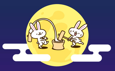 ウサギのキャラクターイラストシリーズ　「月で餅つき」