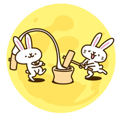 ウサギのキャラクターイラストシリーズ　「月で餅つき」