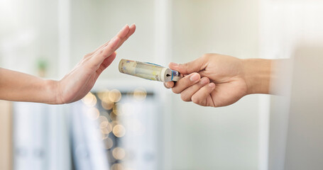 .Person refusing to accept a cash bribe payment from a corrupt financial business partner. Closeup...