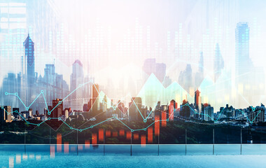 Financial graphs and digital indicators overlap with modernistic urban area, skyscrabber for stock market business concept. Double exposure.