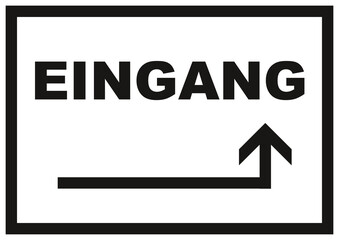 Eingang um die Ecke rechts, Hinweisschild mit Text und Pfeil, Vorlage zum selber Ausdrucken